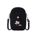 Détail frontal d'un petit sac bandoulière noir vertical avec broderie florale rose - Version Brodée / Noir