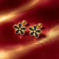 Elegante Ohrstecker aus vergoldetem Titan mit schwarzer Emaille-Blume für Damen - Schwarz Gold Blume (Einzeln)