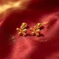 Elegant gold five-petal flower stud earrings with spherical backs on red silk background - Gold 3D Flower Screw Ball (Single)