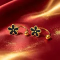 Elegant gold-tone titanium steel earrings with black 3D flower design - Black Gold U-Shaped Flower (Single Piece)
