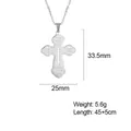 Stainless steel Orthodox cross pendant necklace showing 33.5mm size and 5.6g weight specs - Fine Cable Chain Style / Steel