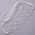 Elegant bridal hair ribbon with crystal beaded lattice and long white organza ties - Crystal Bead Narrow Hairband (HS-J7061S) / Silver