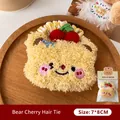 Kawaii creamy yellow plush bear hair tie scrunchie featuring cute cherry embroidery decoration - 1# Creamy Yellow Bear Cherry Hair Tie