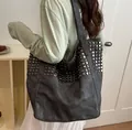 Stylish large dark grey tote bag with punk rivet studs and wide shoulder strap - Black