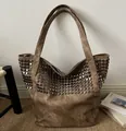 Stylish brown suede-like tote bag decorated with silver rivets and large capacity - Brown