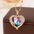 Elegant gold heart pendant necklace featuring faceted purple crystal and pavé set wings - Purple Gradient Angel Wings Gold Chain Style (TP-04279-01)