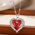 Luxurious red crystal heart of the ocean necklace with silver winged pendant detail - Red Heart Angel Wings Style (TP-04279-04)