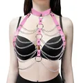 Pink leather body harness belt with silver layered chains for women's sexy cosplay. - Tops / Pink