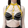 Sexy yellow faux leather body harness with silver layered chains for performance costume - One Size / Tops / Orange Yellow