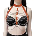 Chic orange leather body harness with multi-layered silver chains for cosplay and clubwear - One Size / Tops / Orange