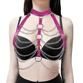 Adjustable pink faux leather body harness with silver layered chains and metal O-rings - One Size / Tops / Rose Red