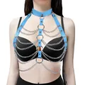 Light blue faux leather body harness with elegant silver layered metal chains for women - One Size / Tops / Sky Blue