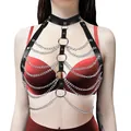 Black leather body harness with multi-layer silver chains and choker for sexy performance - One Size / Tops / Black