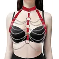 Sexy red leather chest harness with multi-layer silver chains and metallic rings - One Size / Tops / Red