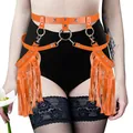 Vibrant orange leather fringe harness belt variant for festival and rave outfits. - One Size / Bottoms / Orange