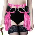 Sexy hot pink faux leather body harness belt set featuring long fringes and silver star studs - One Size / Bottoms / Rose Red
