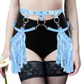 Light blue faux leather bondage harness belt with fringe details and metal O-rings - One Size / Bottoms / Sky Blue