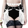 White faux leather harness belt with metal stars and fringe tassels for costumes - One Size / Bottoms / White