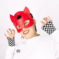Red leather fox mask with rivets and checkered gloves for cosplay or performance outfits - One Size / Fox Mask / Red