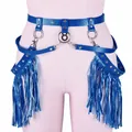 Royal blue faux leather waist harness with long fringe tassels for performance wear - One Size / Bottoms / Sapphire Blue