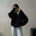 Oversized black half-zip sweatshirt for women with warm fleece lining and minimalist design - S / Tops / Black (Plus Velvet Thickened)