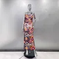 Elegant strapless long bodycon dress featuring vibrant multi-colored floral embroidery - S / Top And Bottom / Red