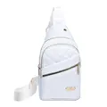 Fashionable white quilted nylon sling bag with gold zippers and adjustable strap. - Style 137 / White