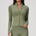 Chaqueta de yoga ajustada de manga larga con cremallera verde oliva para mujer. - S / Tops / Verde Militar