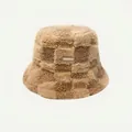 Soft checkered lamb wool bucket hat in khaki, stylish face-slimming winter headwear - One Size / Letter Label Style / Khaki