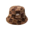 Warm winter brown checkerboard faux fur bucket hat with soft plush material for women - One Size / Letter Label Style / Brown