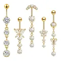Gold stainless steel belly button ring set featuring sparkling cubic zirconia drops - 5 Pieces / Gold