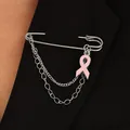 Zilveren veiligheidsspeld broche met dubbele kettingen en roze lint hanger voor vrouwen. - 18 white k 7742