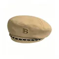 Close-up of khaki wool beret with gold B logo and decorative metal chain detail - M (56-58cm) / Khaki (Autumn/Winter Thick)