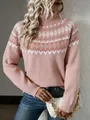 Close-up of women's pink jacquard knit sweater with fair isle pattern and high collar. - S / Tops / Pink