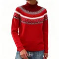 Detailed view of red Fair Isle turtleneck sweater featuring thick jacquard knit patterns - 3XL / Tops / Red
