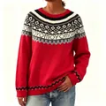 Close-up of red thick knit sweater featuring classic Fair Isle jacquard pattern - S / Tops / Red