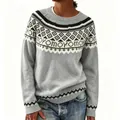 Detail view of women's thick grey jacquard knit sweater featuring black and white fair isle patterns - S / Tops / Gray