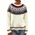 Close-up of white women's Fair Isle knit sweater with colorful jacquard pattern details. - S / Tops / Off White