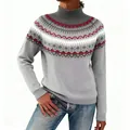 Women's autumn winter grey turtleneck sweater with Nordic jacquard knit pattern - 3XL / Tops / Gray