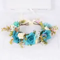 Handmade Mori style flower crown featuring turquoise roses and green leaves with cream ribbon - Blue Rose Style (2 Blue)