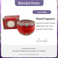 Lavender scented candle in a decorative red mandala tin with detailed aroma notes - Lavender / Box Packaging