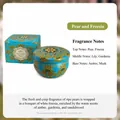 Premium-Duftkerze in der Dose mit englischer Birne und Freesie im Mandala-Design - Duft nach Englischer Birne und Freesie / Kartonverpackung