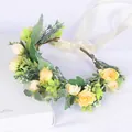 Corona de flores hecha a mano con rosas amarillas y hojas verdes para tocado de hada - Serie Champaña (17 Champaña)