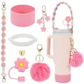 Roze Stanley beker accessoireset met bloem rietje dop siliconen hoes en pompon hanger - Roze accessoires