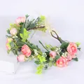 Corona de flores rosa hecha a mano con hojas verdes y cinta para niñas - Serie Rosa (17 Rosa)