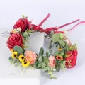 Corona de flores boho hecha a mano con rosas rojas y hojas verdes para niñas - Estilo Floral Rojo (18 Rojo)