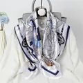 Nautical theme satin square scarf styled elegantly with a white shirt and grey handbag - 90*90cm / White Sailboat