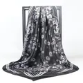 Large 90x90cm black and white paisley print satin silk square headscarf neck scarf - 90x90cm / Black