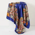 Elegant vintage paisley print satin headscarf in royal blue, 90x90cm large square - Large Square / 90*90cm / Navy Blue
