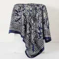 Elegant blue and white paisley print satin square scarf 90x90cm for stylish headwear - 90x90cm / Dark Blue